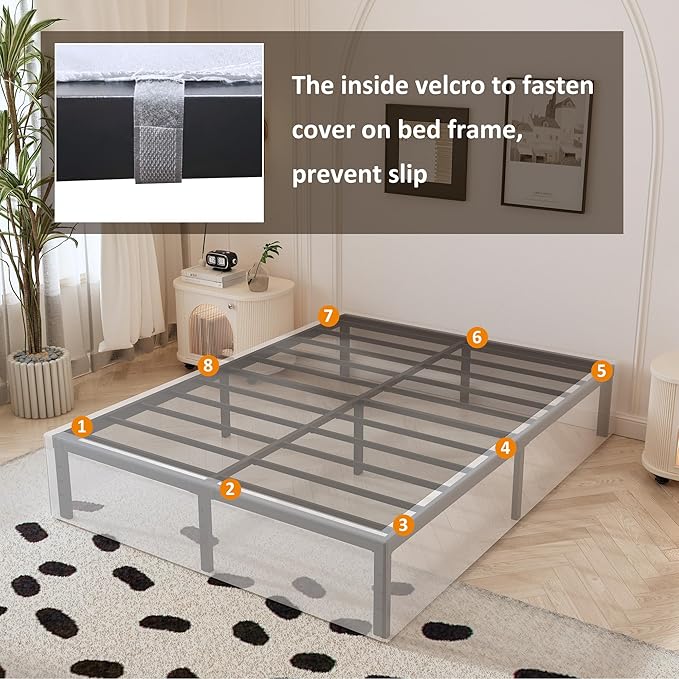 Maenizi Bed Frame Queen Size with White Fabric Cover 14 Inch, Heavy Duty Metal Queen Bed Frame, No Box Spring Needed, Support Up to 3000 lbs, Easy Assembly, Noise Free, Black