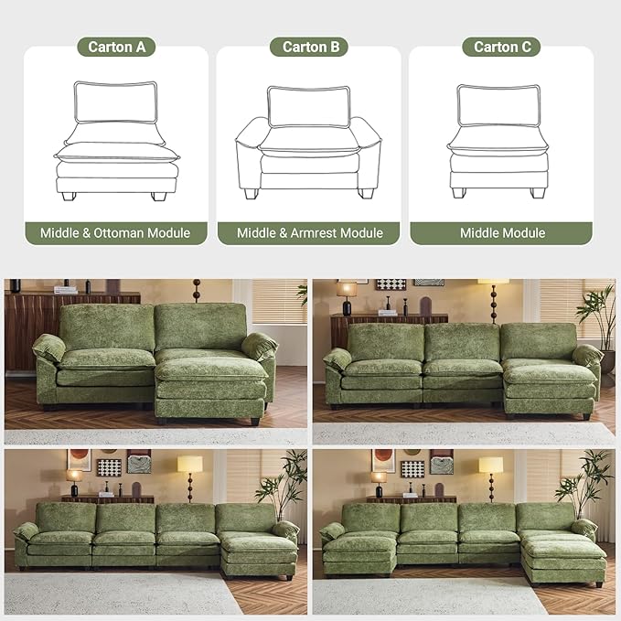 VINGLI 122" Cloud Double-Layer Deep Convertible Sectional Sofa, Comfy L-Shape 3-Seat Couches for Living Room, Modern Couch with Movable Ottoman for Small Space, Olive Green, Chenille