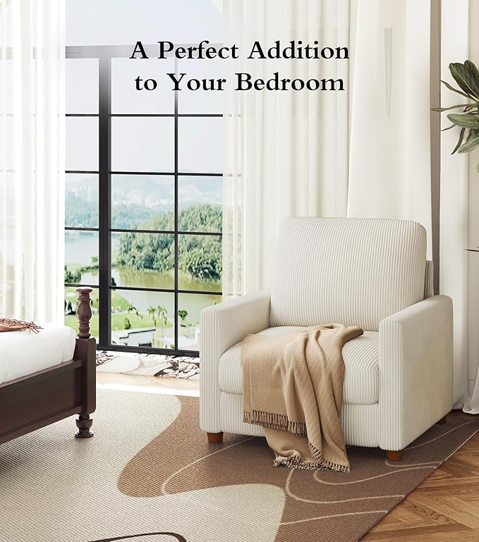 Kidirect 35.5in Corduroy Sofa Accent Chair, Tool-Free Setup Living Room Couch Accent Chairs, Reading Chair for Bedroom 22.5in Extra Deep Seats, Comfy Arm Chairs for Office, All-Wood Reading Nook Beige