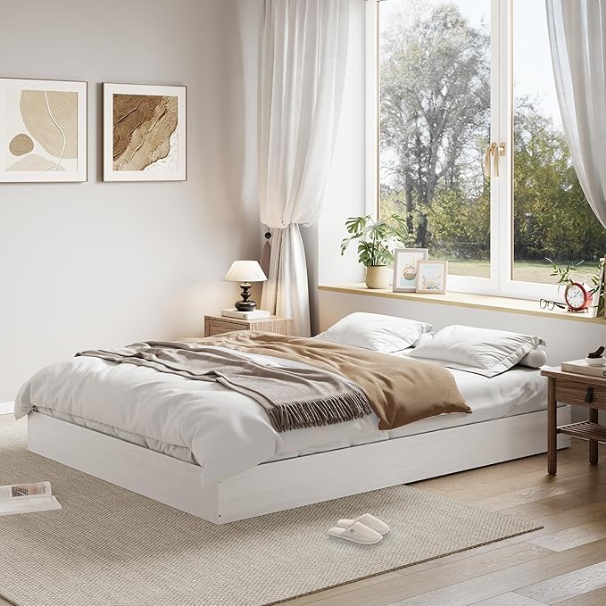 Solid Wood Platform Bed with Sturdy Wooden Slats, Full Size Floor-Standing Bed Frame, Modern Minimalist Design Space-Saving Bed Frame, No Box Spring Needed, Easy Assembly, White
