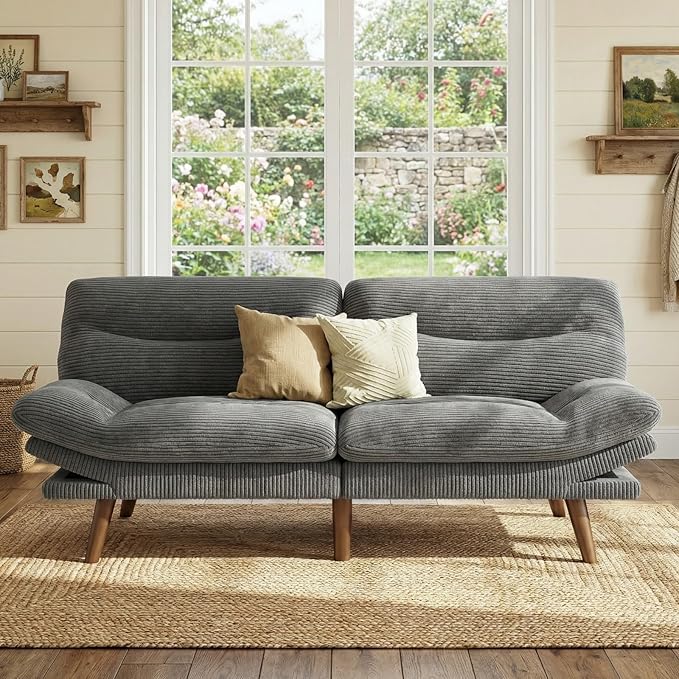 Marsail 75" Futon Sofa Bed, Convertible Corduroy Futon Couch with Adjustable Backrest & Armrests, Small Sleeper Sofa Loveseat for Living Room, Apartment, Office, Grey