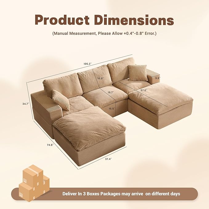 106.3” Sectional Couches for Living Room, Set of Cloud Couch, Modular Sectional Sofa, Convertible Sofas Bed, Deep Seat Sofa, U Shaped Cozy Sofa Furniture Set, Corduroy, Camel