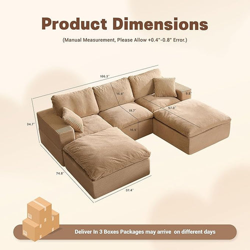106.3” Sectional Couches for Living Room, Set of Cloud Couch, Modular Sectional Sofa, Convertible Sofas Bed, Deep Seat Sofa, U Shaped Cozy Sofa Furniture Set, Corduroy, Camel