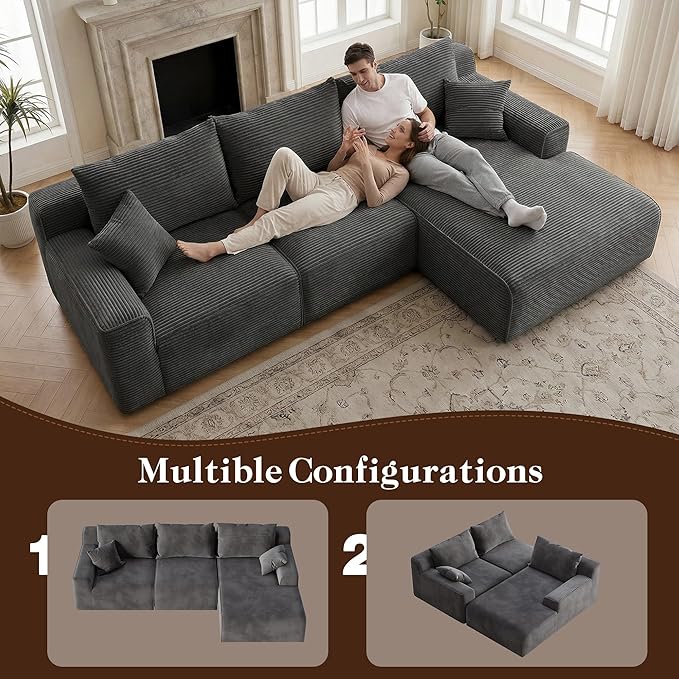 97" L-Shaped Boneless Modular Cloud Couch, Comfy Corduroy Sectional Sofa with Deep Seat and Right Facing Chaise, Flexible Module Combination for Living Room, No Assembly Required (Grey)