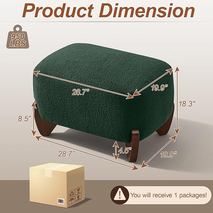28.7" Sherpa Boucle Ottoman with Solid Wood Legs, Modern Upholstered Footstool, Comfy Ottoman for Living Room, Bedroom, Green