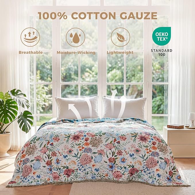 LUTBM Boho Throw Blanket for Bed Cotton Spring Blankets for Bedroom Living Room Twin All Season Lightweight Floral Embroidery Quilt for Couch Sofa Chair 60"x80"