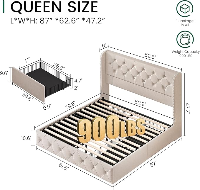 LARMACE Queen Size Bed Frame with 4 Storage Drawers and 47.2" Tall Tufted Headboard Linen Upholstered Platform Bed Frame Wingback Beds with Wooden Slats Support, Easy Assembly, Beige