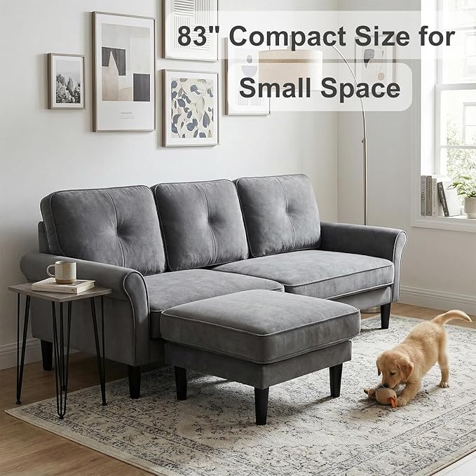 Sofas for Living Room, 83" Velvet Sectional Couch with Moveable Ottoman, Midcentury Modern Small Sectional Couch, L Shape Sofa & 2 Seater, Couches for Living Room, Apartment, Bedroom, Grey