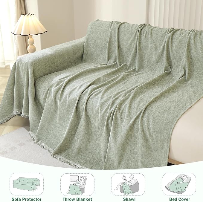 OstepDecor Sectional Couch Covers 2 Pieces, L Shaped Sofa Cover, Chenille Couch Cover for Dogs Washable, Couch Cover Blanket, Sofa Slipcover for 2-3 Cushion Couch (71"x118"+71"x118", Sage Green)
