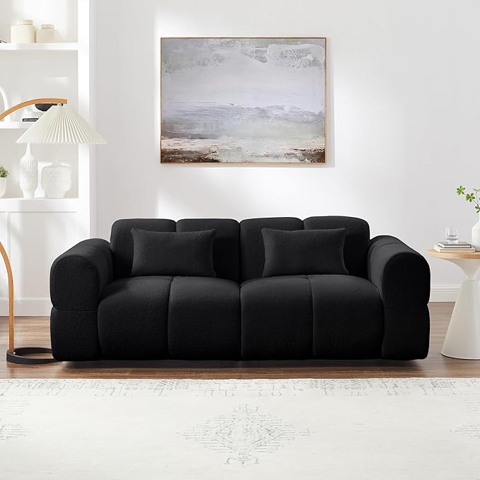 80" Modern Sofa Couch, Comfy Deep Seat Lambswool Cloud Sofa, Upholstered 3-Seater Boucle Couch, Oversized Loveseat for Living Room, Bedroom, Office, Apartment(Black)