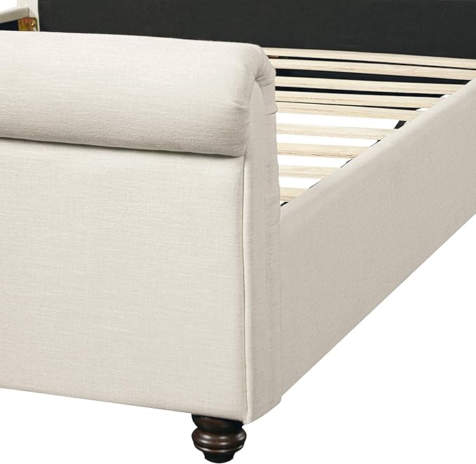 Christopher Knight Home Chenzi Linen Upholstered Queen Bed Frame with Headboard and Footboard, Wooden Platform Queen Size Bed Frame and Double-Layer Oval Legs, No Box Spring Needed, Beige