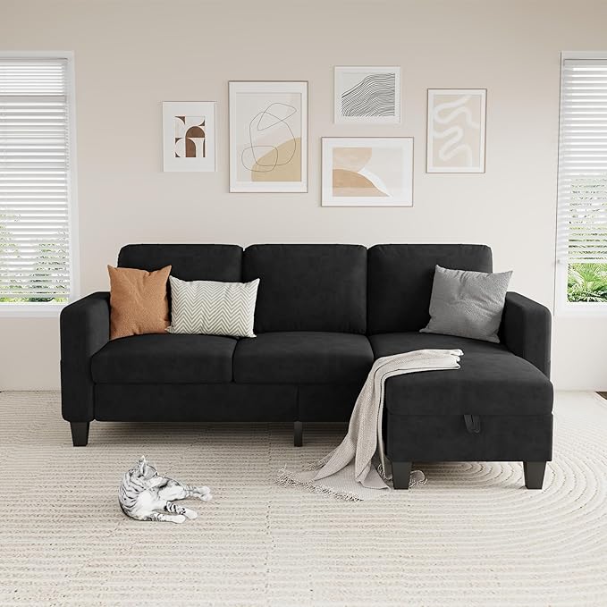 Sectional Sofa and Couches for Living Room, 78'' Black 3 Seat L-Shaped Couch with Movable Ottoman, Comfy Velvet Convertible Sectionals Sofas with Chaise for Apartment, Dorm, Small Space