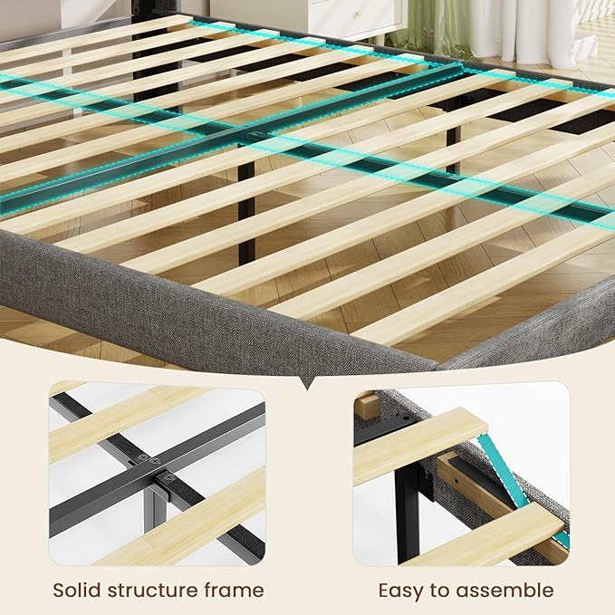 Driftalia Full Size Bed Frame with 2-Tier Storage Headboard, Upholstered Full Bed Frame with 2 Drawers, Charging Station and LED Lights, No Box Spring Needed, Easy Assembly - Light Grey