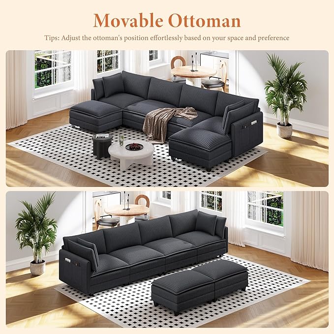 Vesgantti 143" U Shaped Sectional Modular Couch, Comfy Corduroy Upholstered Modular Cloud Sofas for Living Room, Modern Sectional Sofa with 2 Ottoman Deep Seat, Dark Grey