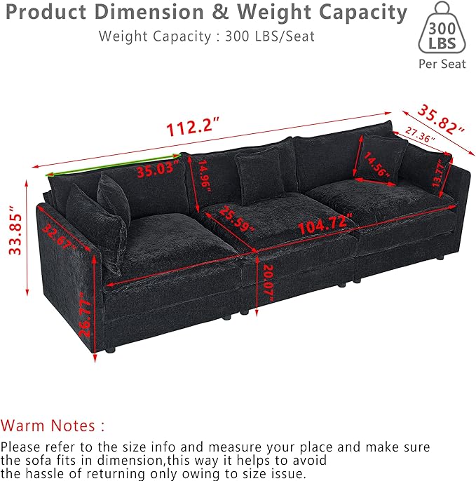 Setawix Chenille Cloud Couches for Living Room,3 Seater Cloud Sofa Couch with Deep Seat,112.2" Roomy Cloud Sofas,Modular Sectional 3 Seat Sofa with Pillows for Bedroom (Black, 3 Seater)