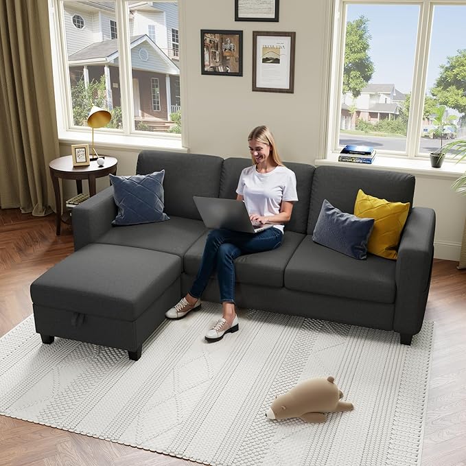 Sectional Sofa and Couches for Living Room - 78''L Shaped Dark Grey Linen Couch-Pet Friendly Modular 3-Seater Convertible Sofas-Washable Covers-Suitable for The Living Room, Apartment or Bedroom