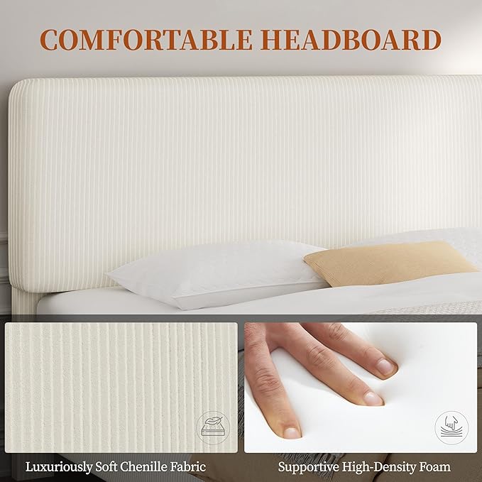 Yaheetech Full Size Bed Frame with Adjustable Headboard, Chenille Fabric Upholstered Headboard/Platform Bed, Full Bed Frame No Box Spring Needed/Wood Slats Support/Easy Assembly/Beige