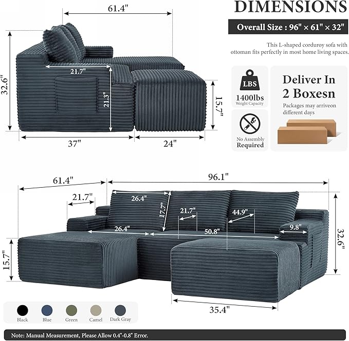 96" Sectional Couches for Living Room Cloud Couch Sofa with L-Shape Upholstered Boneless Couchs Modern Modular Sectional Couch with Chaise (Dark Grey, 96" W+Left Facing Chaise+2Seaters+Ottoman)