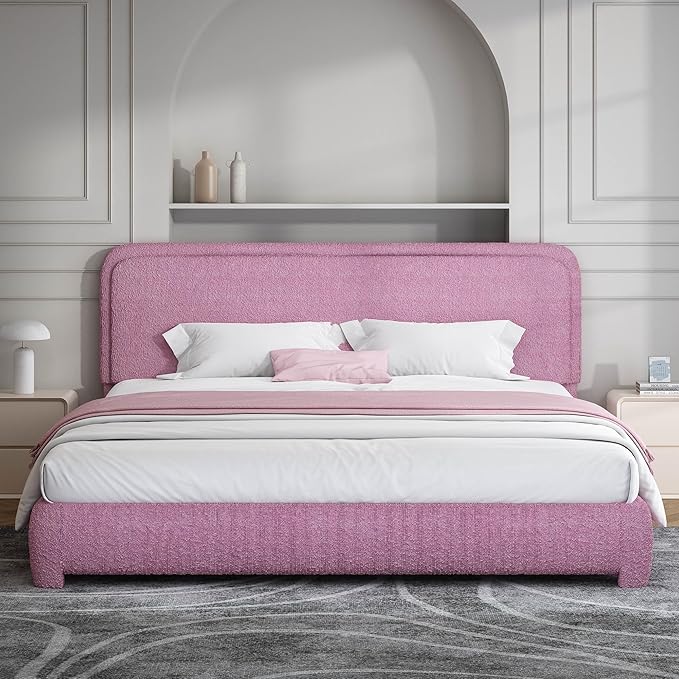 BarnFurin King Size Boucle Bed Frame and Headboard, Cloud Upholstered Platform Bed Frame, Soft Rounded Corners, No Box Spring Required, Non-Slip and Noise-Free, Easy Assembly, Rose Pink