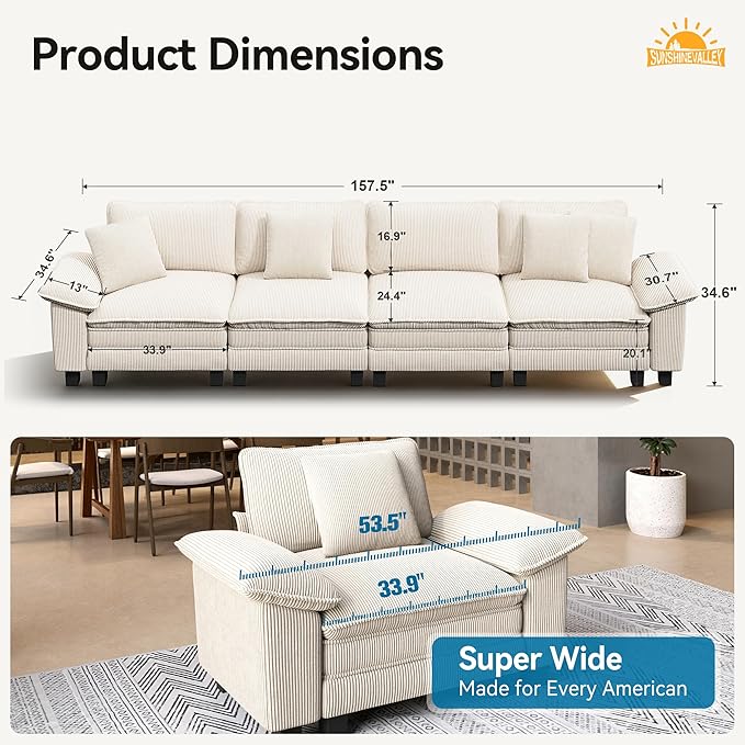 4 Seat Modular Sofa, 157.5'' Oversized Modern Corduroy Sectional Couch with Removable Armrest and Pillow, Upholstered Cloud Deep Seat Sofa for Living Room, Beige