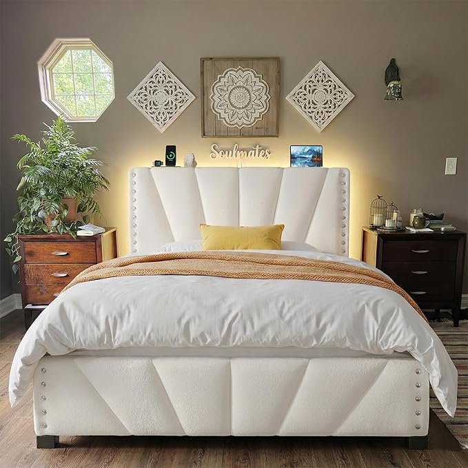 EnHomee Full Size Bed Frame, Velvet Bed Frame with Headboard and Led Light, Platform Bed Frame for Bedroom Apartment, Dorm, Noise-Free, Easy Assembly, Beige