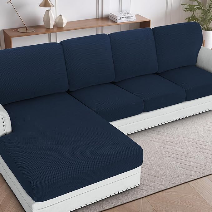 H.VERSAILTEX Sectional Couch Covers 4 Pieces Sofa Seat Cushion Covers L Shape Separate Cushion Couch Chaise Cover for Both Left/Right Sectional Couch (Seat Only: 1 Chaise + 3 Sofa, Navy)
