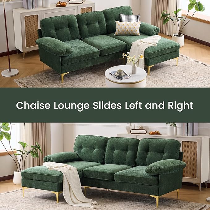 Sectional Couches for Living Room,85" L-Shaped Sofas,Modern Couch with Deep Seats & Chaise Longue,Removable Sofa Pillows Washable,Sofa for Apartments(Chenille,Green)
