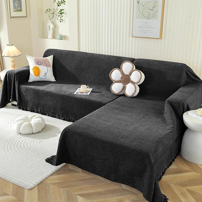 OstepDecor Sectional Couch Covers 2 Pieces, L Shaped Sofa Cover, Chenille Couch Cover for Dogs Washable, Couch Cover Blanket, Sofa Slipcover for 2-3 Cushion Couch (71"x102"+71"x118", Black)