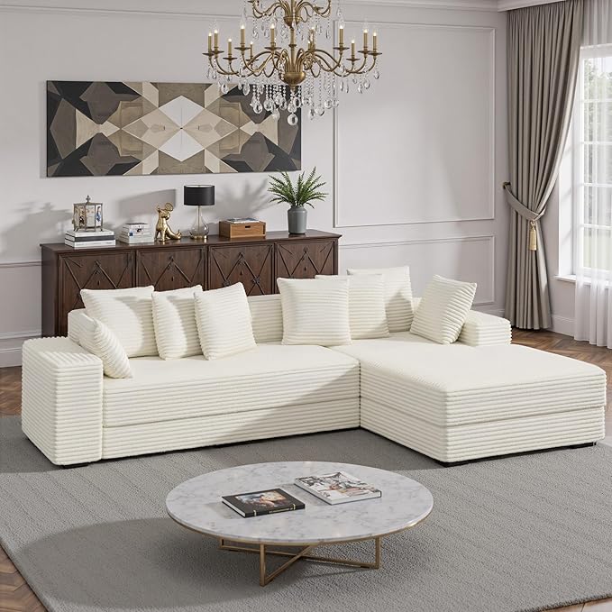 111'' Modular Sectional Cloud Couches with Chaise, L Shaped Extra Large Sleeper Couch Reversible Fluffy Corduroy with 8pcs Pillows for Living Room(Beige Right Facing Chaise)
