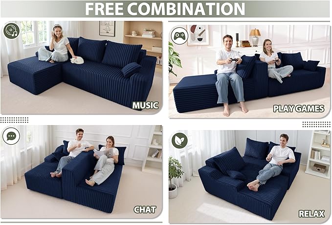 HABUTWAY 94'' Cloud Sectional Couch, Boneless Sofa with Deep Seat, Modular Comfy L-Shape Couch with Chaise for Living Room Bedroom, No Assembly Required(Blue,Left Facing Chaise)