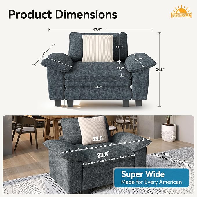 53.5'' Oversized Accent Chair, Chenille Single Seat Modular Sofa Chair with Wider Armrest and Pillow, Modern Cloud Deep Seat Armchair for Bedroom Living Room, Cyan