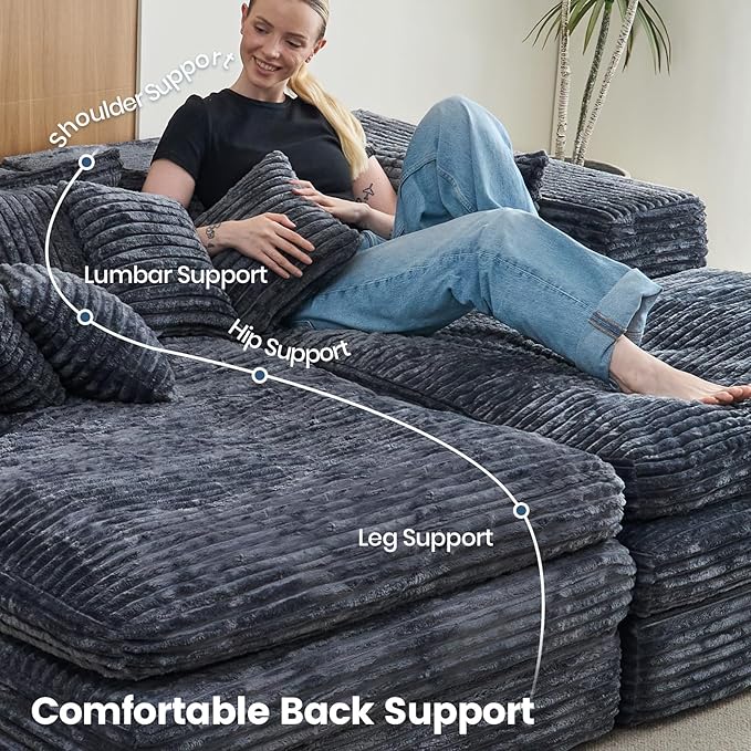 Belffin Double Chaise Lounge Sofa Bed Plush Corduroy Boneless Sectional Cloud Couches for Living Room Boneless Cloud Couch with Deep Seat No Assembly Required. Grey Sofa