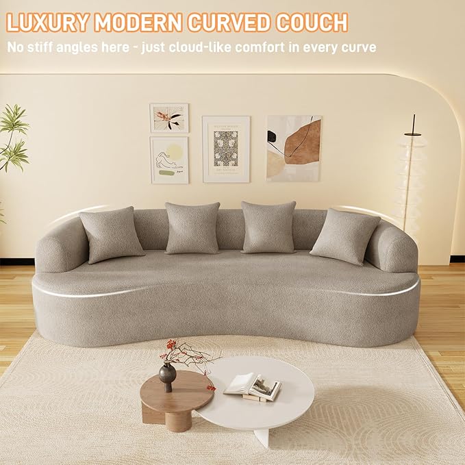 107" Curved Sofa for Living Room, Modern Chenille Cloud Couch Sofa, Luxury Plush Extra Deep 4-Seater Oversized Boucle Couch for Small Spaces, Apartment‌, No Assembly Required, Light Brown