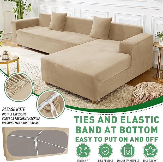 ZNSAYOTX 2026 Soft Velvet Sectional Couch Covers, Luxury Plush Slipcovers with Elastic Bottom for L Shape Sectional Sofa, 2 Pcs Pet Friendly Protector (3 Seat Couch + 3 Seat Chaise, Camel)