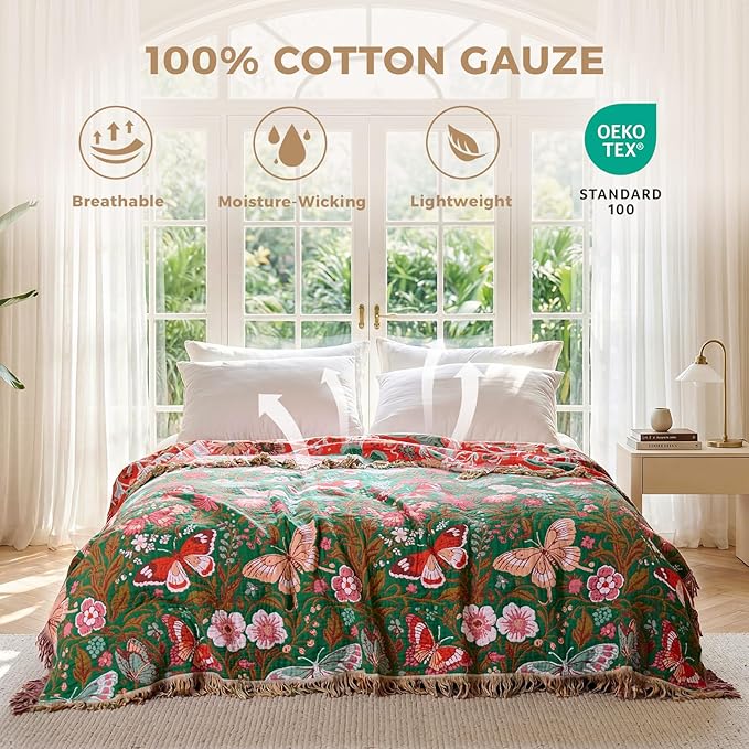 LUTBM Boho Throw Blanket for Bed Cotton Blankets for Bedroom Living Room Twin All Season Lightweight Butterflies Embroidery Quilt for Couch Sofa Chair 60"x80"
