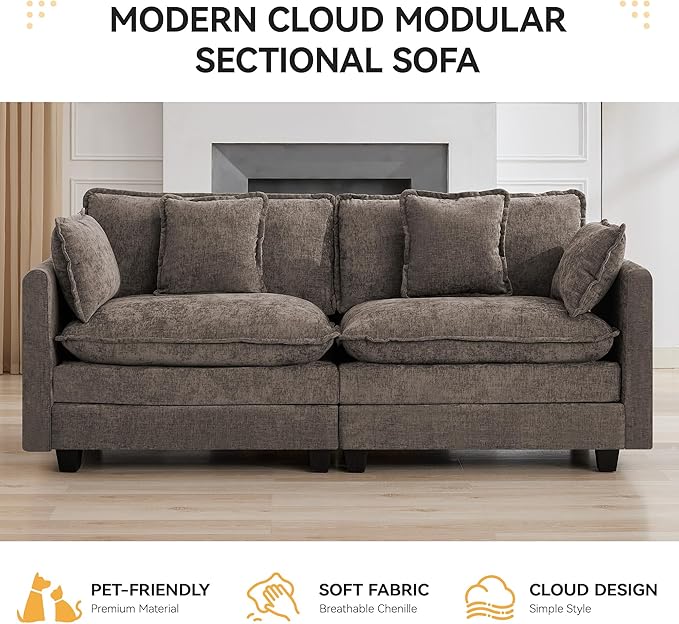 76″ Cloud Deep Seat Loveseat, Upholstered Chenille Modular 2-Seat Sectional Sofa Couch for Living Room, Modern Comfy Settee Loveseat for Small Apartment & Apartment Living, Brown