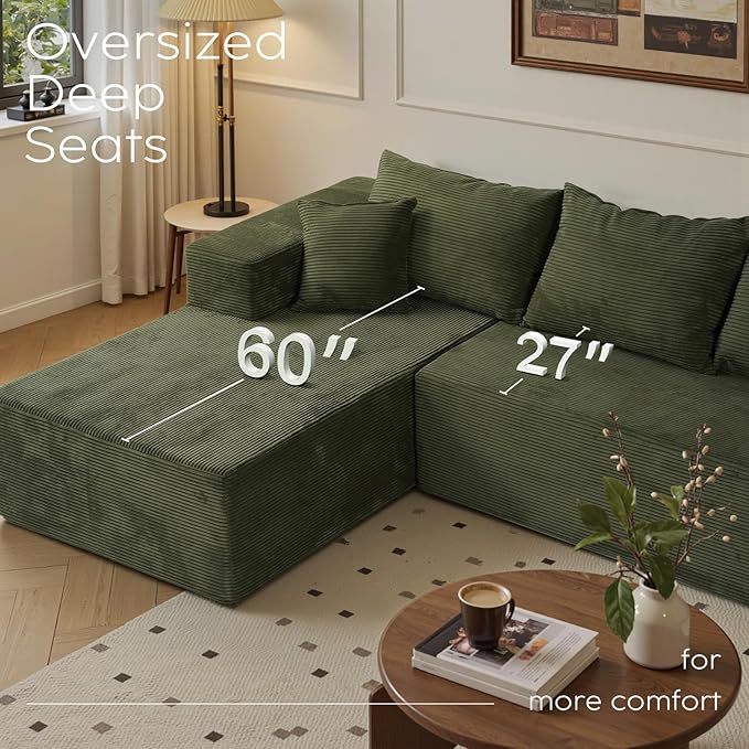 Green 103“ Sectional Couches for Living Room, Boneless Couch with L-Shape Chaise, Modular Sofa in Box with Deep Seat, No Assembly Required