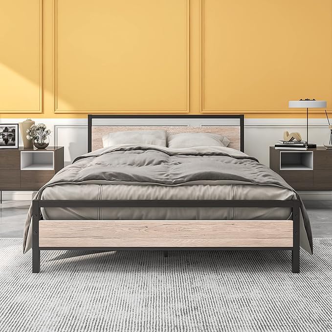 BOFENG Queen Bed Frames with Wood Headboard,Heavy Duty Platform Bed Frame No Box Spring Needed,Farmhouse Bed Steel Slat Mattress Foundation Sturdy Square Pipe Design Home Furniture