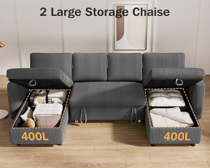 Vipbear 104" Sectional Sleeper Sofa Bed with Pull Out Bed, U Shaped Couch Pull Out Couch with Reclining Backrest, Reversible Storage Chaise, USB Ports, Tool-Free Assembly, Corduroy Grey