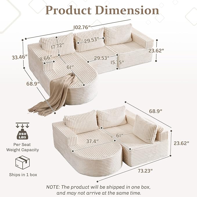 103”Boneless Couches for Living Room, L-Shaped Modular Sectional Sofa with Chaise, Modern Corduroy Cloud Couch with Deep Seat, Comfy Sponge Compression Convertible Sofas