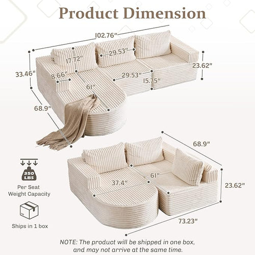 103”Boneless Couches for Living Room, L-Shaped Modular Sectional Sofa with Chaise, Modern Corduroy Cloud Couch with Deep Seat, Comfy Sponge Compression Convertible Sofas