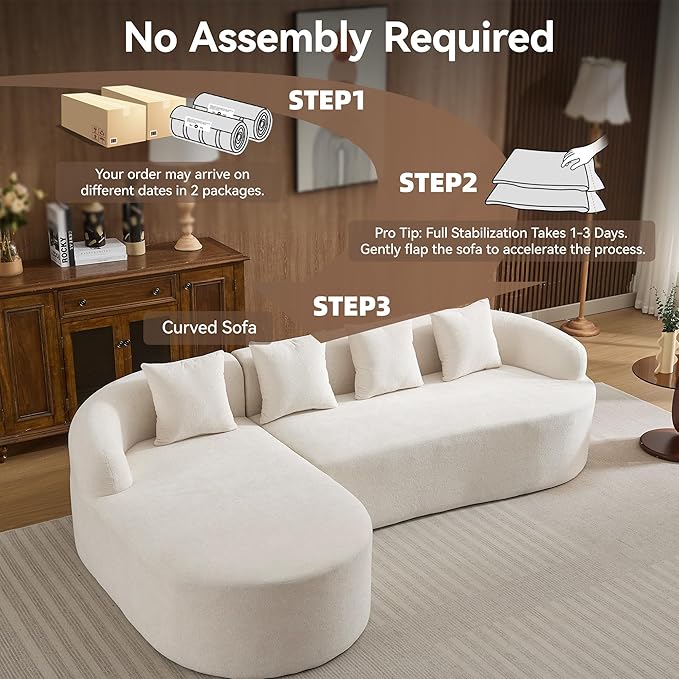 105.5" Boneless Curved Couch, L Shaped 4-Seater Cloud Couch with Deep Seat Chaise, Oversized Curved Sofa, Chenille Modular Sectional Couches for Living Room, No Assembly, Beige