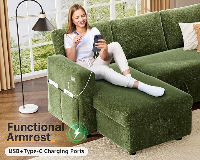 Vipbear 82" Sectional Sleeper Sofa with Pull Out Bed, L Shaped Couch Sleeper Sofa Bed, Pull Out Couch with Reclining Backrest, Reversible Storage Chaise, USB Ports, Tool-Free Assembly, Chenille Green