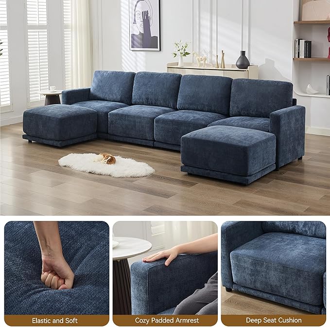 110.6" L Shaped Modular Sectional Sofa Modern Chenille Comfy Couch with Thickened Seat Cushions, Easy Assembly, Upholstered 4 Seater Couch with Movable Ottoman for Living Room, Blue