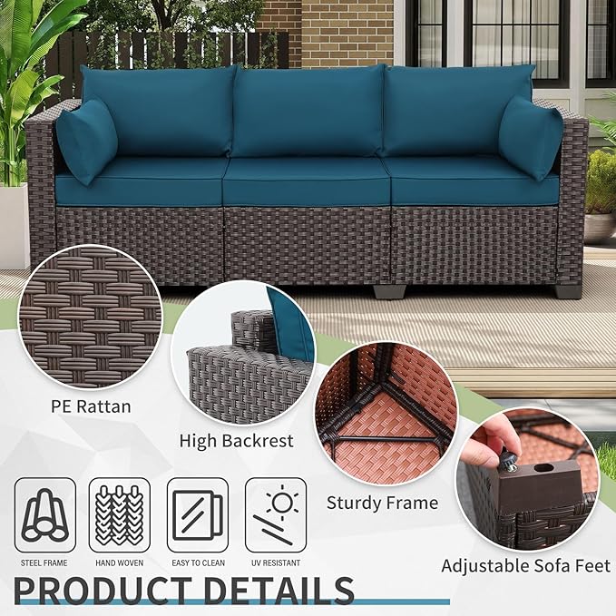 WAROOM Patio Couch PE Rattan 3-Seat Outdoor Sofa Brown Wicker Furniture Set Deep Seating with Anti-Slip Peacock Blue Cushion