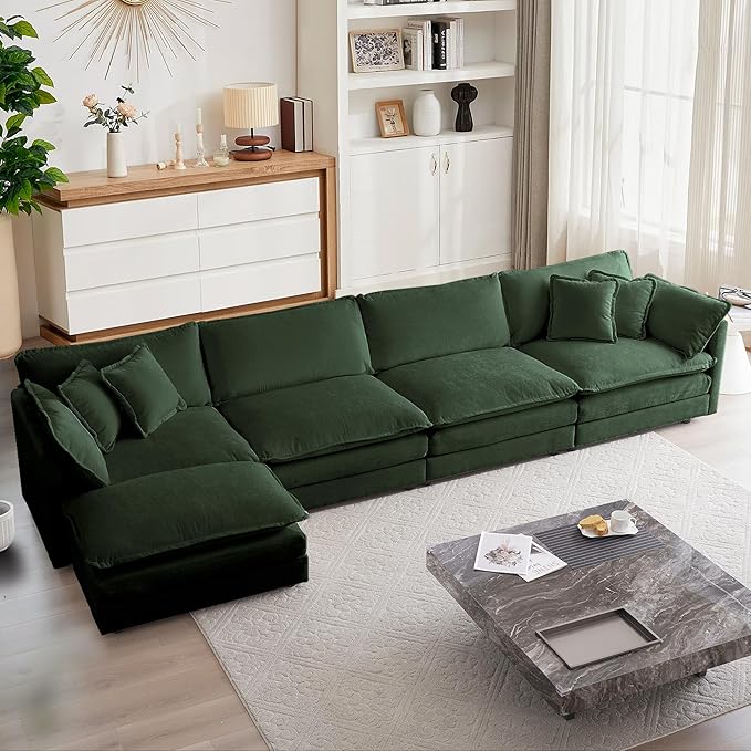 mikibama Modular Sectional Sofa, 146.5 Inch L Shaped Couch Set for Living Room, 4-Seater Comfy Cloud Couches with Movable Ottoman, DIY Combination, Chenille, Evergreen