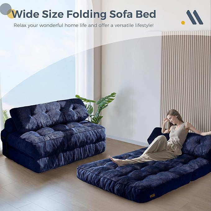 MAXYOYO Folding Sofa Bed, Convertible Sleeper Chair with Pillow Foldable Mattress with Back Support, Portable Fold Out Chair Bed Comfy Floor Sofa Lounge for Living Room Bedroom, Navy Double