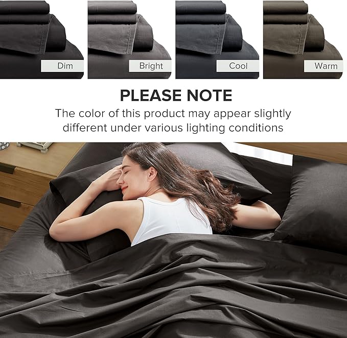Comfort Spaces 100% Cotton Sheets Cal King, Breathable & Soft Cotton Sheets, Naturally Cool Cotton Bed Sheets with 14" Elastic Pocket Fits up to 16" Mattress, All Season Sheet Set, Black 4 Piece