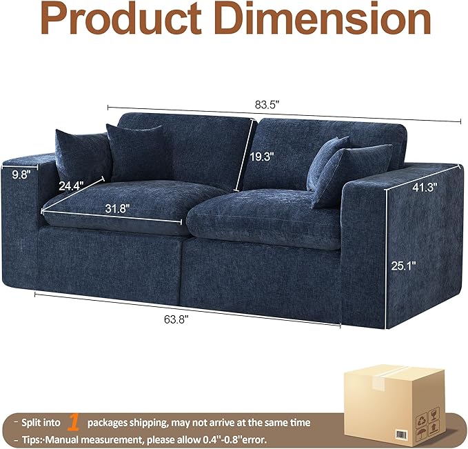 83''Cloud Boneless Sectional Couch, Modular Sectional Sofa Deep Seat, Upholstered Convertible Comfy Loveseat Chenille Memory Foam Sofa Couches for Living Room, Navy