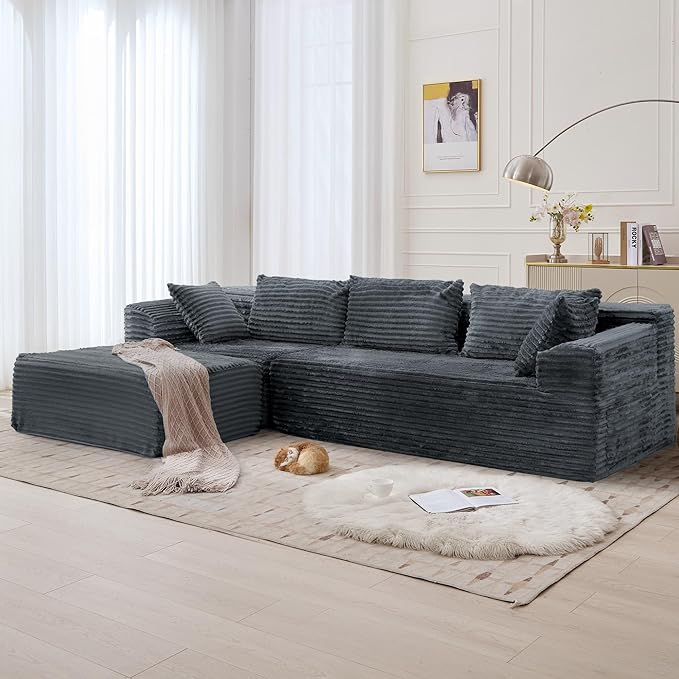 110" L-Shaped Modular Sectional Sofa with Chaise, Boneless Comfy Corduroy Fluffy Couch with Deep Seat and Side Pockets, Flexible Module Combination for Living Room, No Assembly, Side Pockets